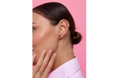 Quyumcu - 14 Ayar Altın Mavi Taşlı Sallantılı Ok Tek Küpe - Tek Küpe (1)