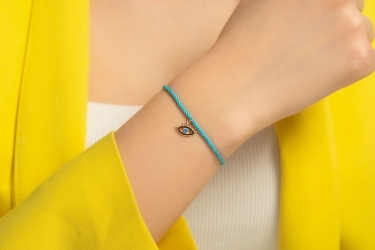Quyumcu - 14K Gold Blue Cord Bracelet with Eye Charm Quyumcu - 14K Gold Blue Cord Bracelet with Eye Charm