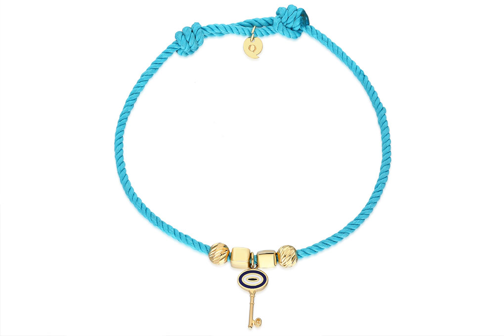 Quyumcu - 14K Gold Blue Cord Bracelet with Key Figurine Quyumcu - 14K Gold Blue Cord Bracelet with Key Figurine