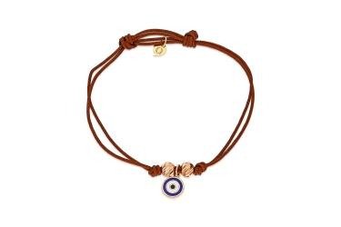 Quyumcu - 14K Gold Brown Cord Bracelet with Evil Eye Charm Quyumcu - 14K Gold Brown Cord Bracelet with Evil Eye Charm
