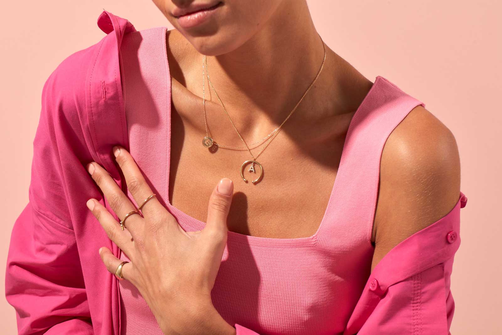 Quyumcu - 14K Gold Letter Necklace with Stones (1)